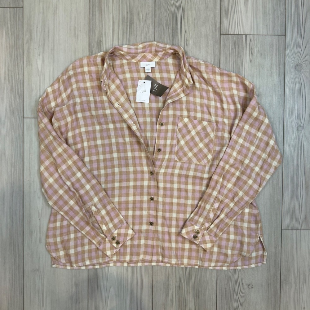 NWT J. Jill Gingham Plaid Button Down Shirt Lavender Cotton Tencel Modal Medium